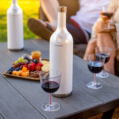 Carivino 750mL Travel Wine Flask with Two Cups, Built in Aerator, Ceramic Lined Vacuum Insulated Wine Bottle Gift (Ayoka Pearl White)