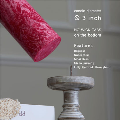 MOZEAL Hand-Poured, Unscented Red Crystal Pillar Decorative Candles, Elegant Set of 3 in Different Sizes (3"x4", 3"x5", 3"x6"), Luxurious Décor for Christmas Homes & Events
