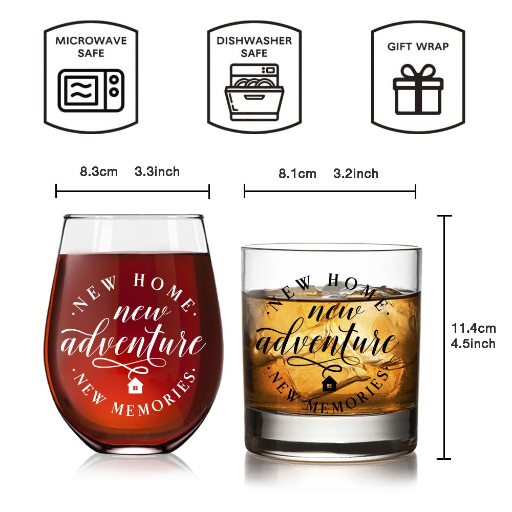 Vagafilla New Home New Adventure New Memories Stemless Wine & Whiskey Glass Gift Set 15oz, Funny Housewarming Gift for New Homeowner Hostess Realtor Clients Friends Bride Parent Groom Wine Lover-2