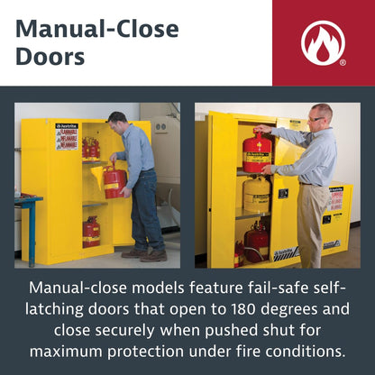 Justrite 12 Gallon Manual Close Piggyback Flammable Storage Cabinet, 18 Gauge Steel, 2 Door Fire Cabinet, 18" x 43" x 18", Made in The USA, Yellow, 891300