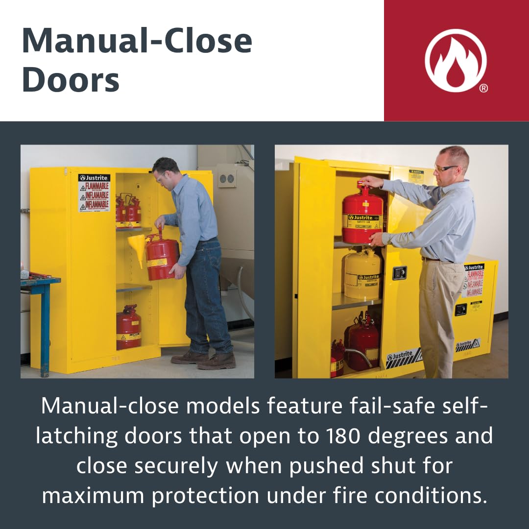 Justrite 45 Gallon Manual Close Flammable Storage Cabinet, 18 Gauge Steel, 2 Shelves, 2 Door Fire Cabinet, 65" x 43" x 18", Made in The USA, Yellow, 894500