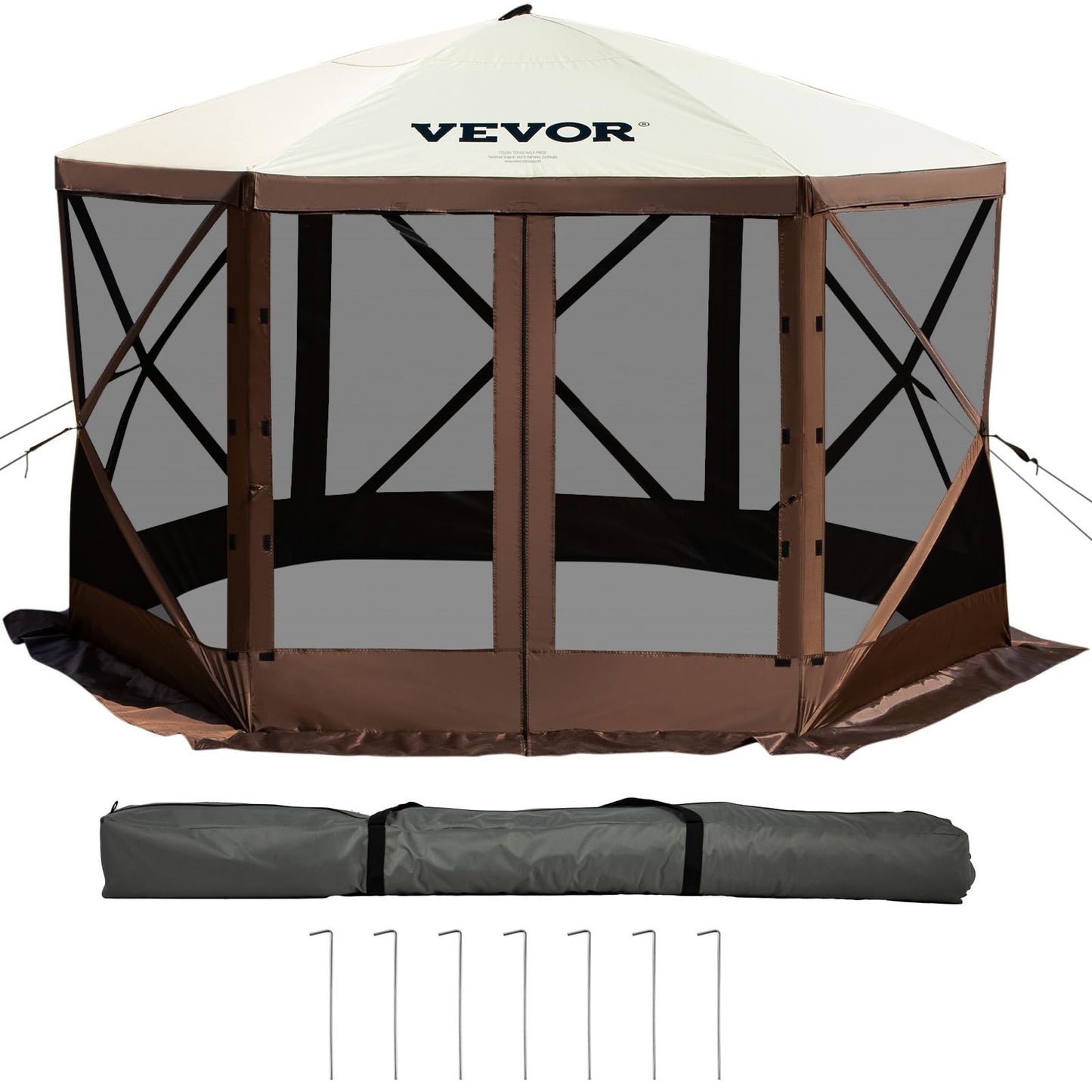 VEVOR 12 * 12ft 6 Sided Pop-up Canopy Shelter Tent with Mesh Windows, Portable Carry Bag, Stakes, Large Shade Tents for Outdoor Camping, Lawn and Backyard, Brown/Beige