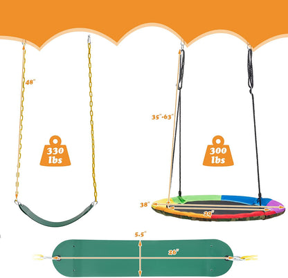 HONEY JOY 660lbs 2 Seat Metal Swing Frame Set with Saucer Swing & Belt Swing, Heavy Duty A-Frame Kids Swing Stand w/Ground Stakes and Adjustable Ropes, Outdoor Swing Sets for Backyard