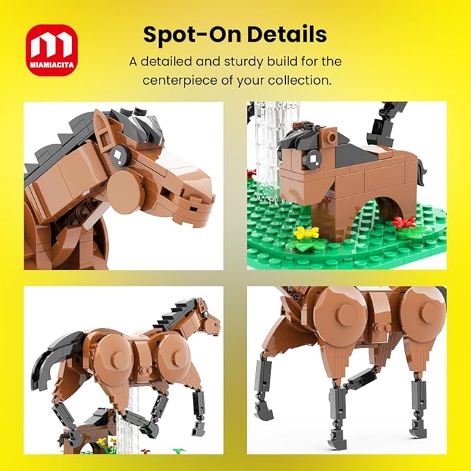 Horse Toys Building Set Realistic Horse Figurines 2-in-1 Mother &amp Foal Horse with Green Base Flowers &amp Grass Creative Animal Building Toy for Kids Ages 6+