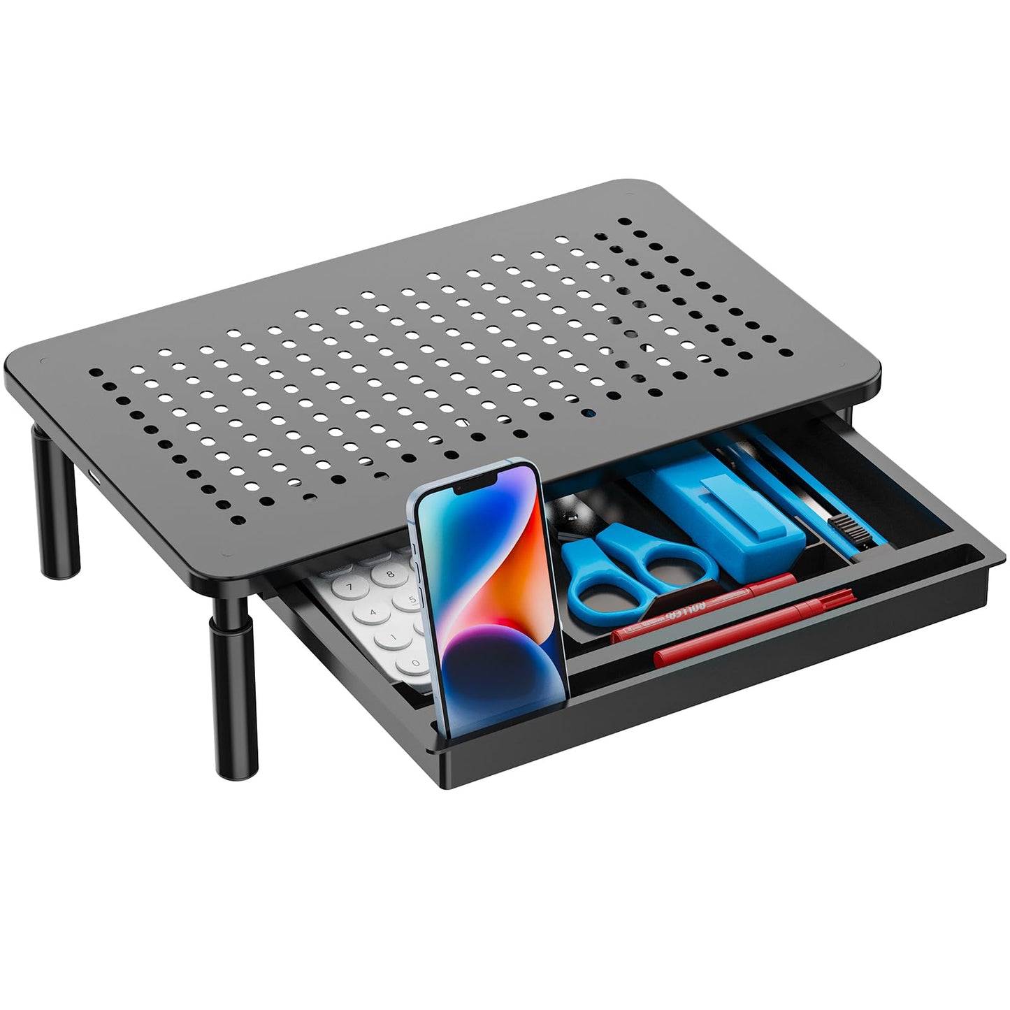 WALI Computer Monitor Stand with Storage, Desk Monitor Riser 3 Height Adjustable, Laptop Riser with Airflow Vents, Desk Organizer for Computer, Laptop, Printer, Notebook (STT003D-B), 1 Pack, Black