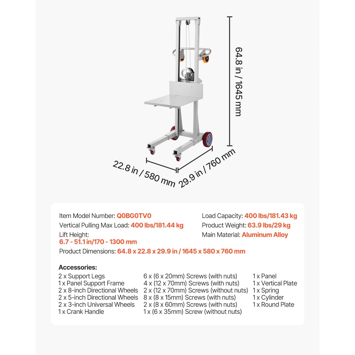 VEVOR Material Lift Winch Stacker, 400 lbs Capacity Pallet Truck Dolly, 51.1 in Max Lifting Height Manual Winch Stacker, Multifunctional Manual Pallet Truck Stacker with Wheels and Adjustable Plate
