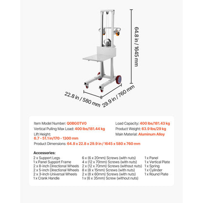 VEVOR Material Lift Winch Stacker, 400 lbs Capacity Pallet Truck Dolly, 51.1 in Max Lifting Height Manual Winch Stacker, Multifunctional Manual Pallet Truck Stacker with Wheels and Adjustable Plate