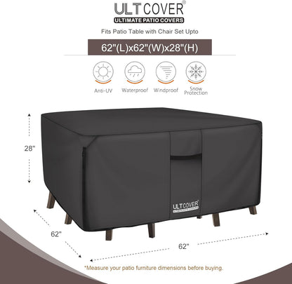 ULTCOVER Heavy Duty Square Patio Table and Chair Cover - Waterproof 62 Inch, Black Canvas Protection