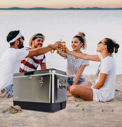 Koolatron Ice Chest Cooler - Portable Ice Bucket with Bottle Opener, Vintage Style, Insulated for Camping, Beach, Picnic, RV, BBQs, Tailgating, Fishing, Stainless Steel 85 Can Ice Box, 51L (54 qt)