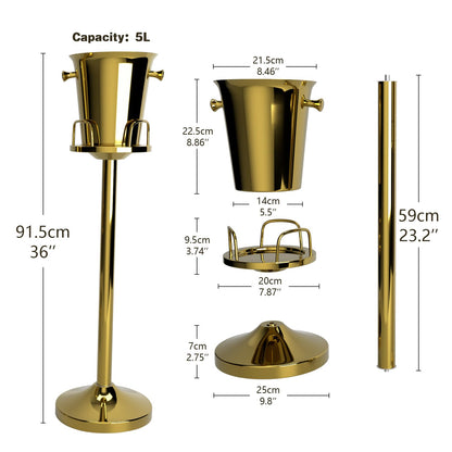 Ice Bucket with Stand, Vertical Stainless Steel Champagne Bucket, Ice Container,Standing Wine Cooler,Wedding Beer KTV Barbecue Club Bar 5L(Gold, 1Pack)