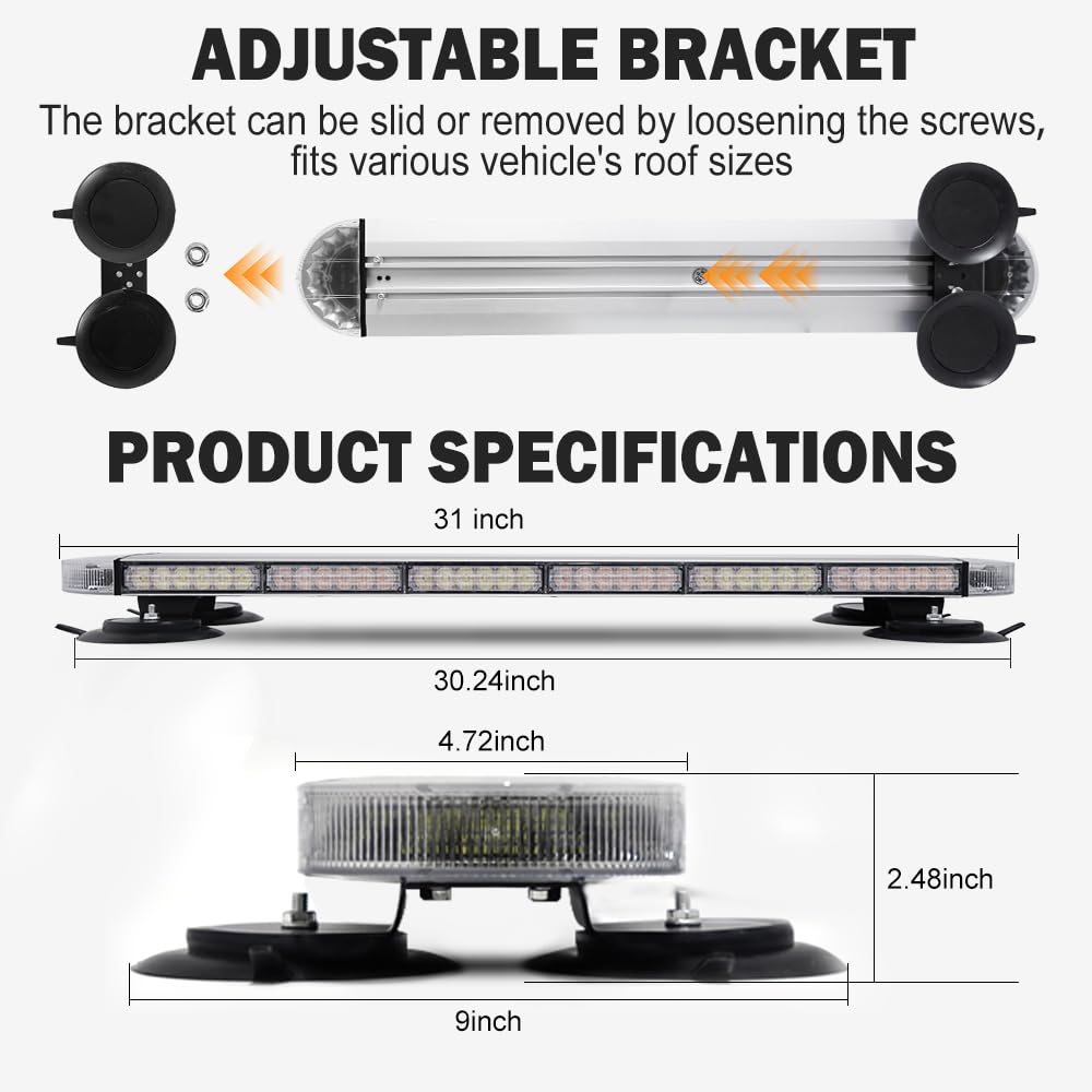 ASPL 31 inch Low Profile Rooftop Emergency Strobe Lights Bar Full Aluminum Flashing Safety Warning Traffic Advisor Lightbar Hazard Snow Plow Light for Trucks Tow Construction Vehicles (Amber/White)