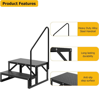GAOMON RV Steps with Handrail 2 Step, Hot Tub Steps with Handrail, Portable Pool Ladder, 660 lbs Load Capacity RV Stairs for Camper, SPA, Pool, Mobile Home