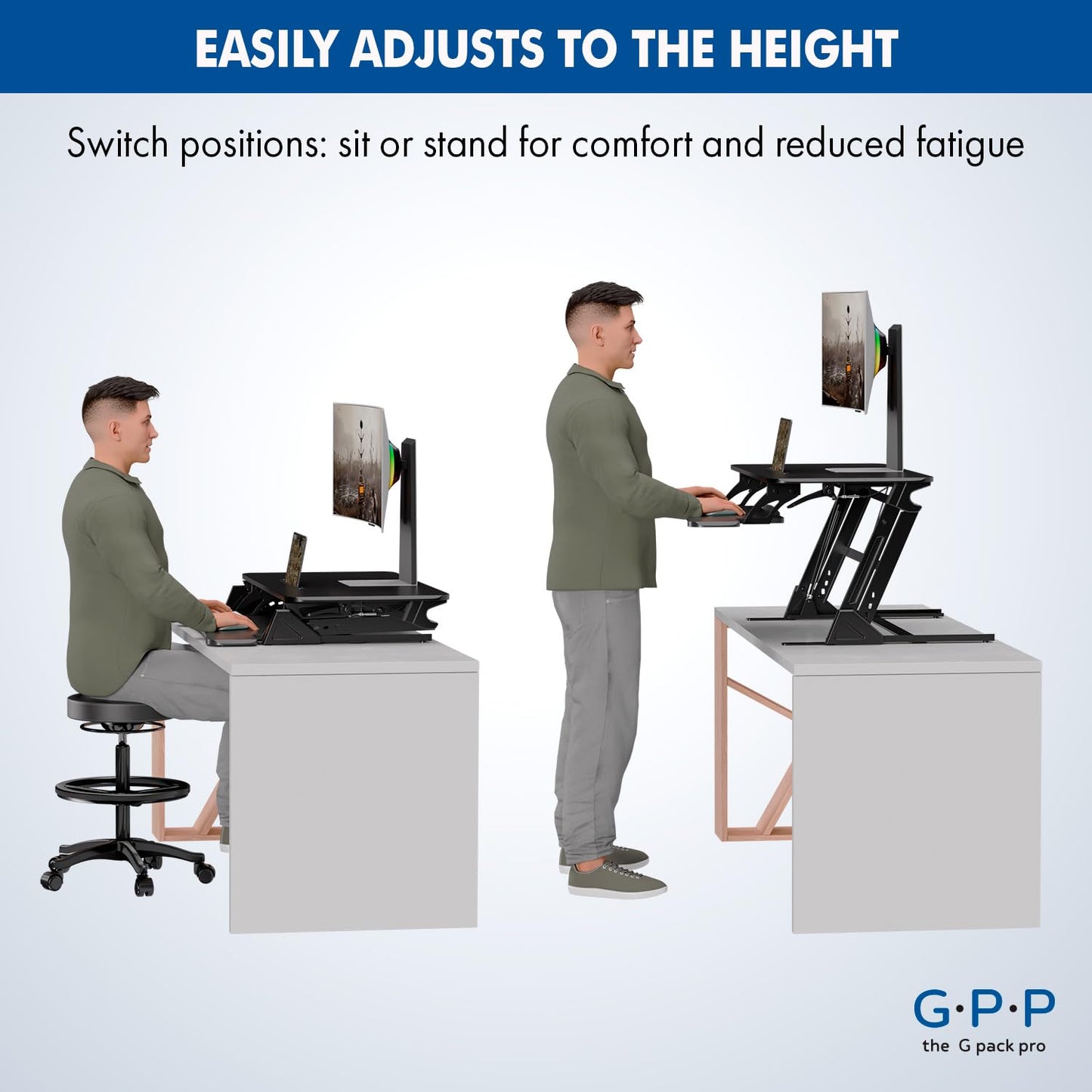 G-PACK PRO 36″ Wide Standing Desk Converter – Sit-to-Stand Workstation for Dual Monitors, Height Adjustable Up to 17.3″ with Large Keyboard Tray – Black
