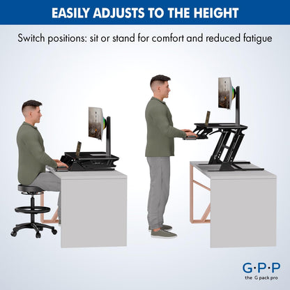 G-PACK PRO 36″ Wide Standing Desk Converter – Sit-to-Stand Workstation for Dual Monitors, Height Adjustable Up to 17.3″ with Large Keyboard Tray – Black