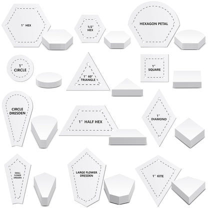 Cinnvoice 612 Pcs Patchwork Paper EPP English Piecing Supplies 12 Shapes Acrylic Templates with 600 Paper Piecing for Sewing Dresden Plate Triangle Hexagon Quilting Template(Classic 1,Clear)