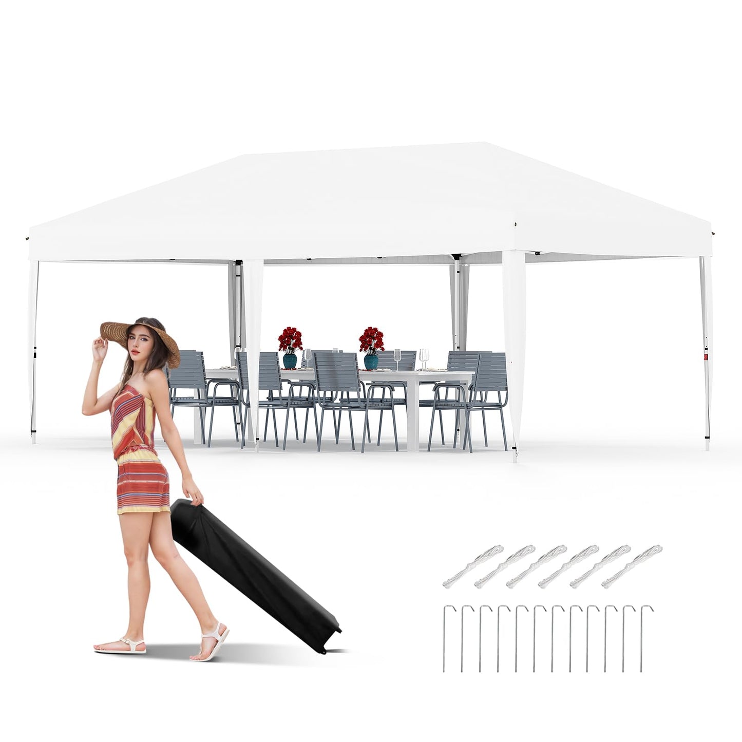 GarveeLife 10x20 Pop Up Canopy with 6 Sidewalls - Heavy Duty Outdoor Canopy Tent with Portable Roller Bag - 3 Adjustable Height, 4 Weight Bags, 8 Stakes & 6 Guy Ropes Included, Blue
