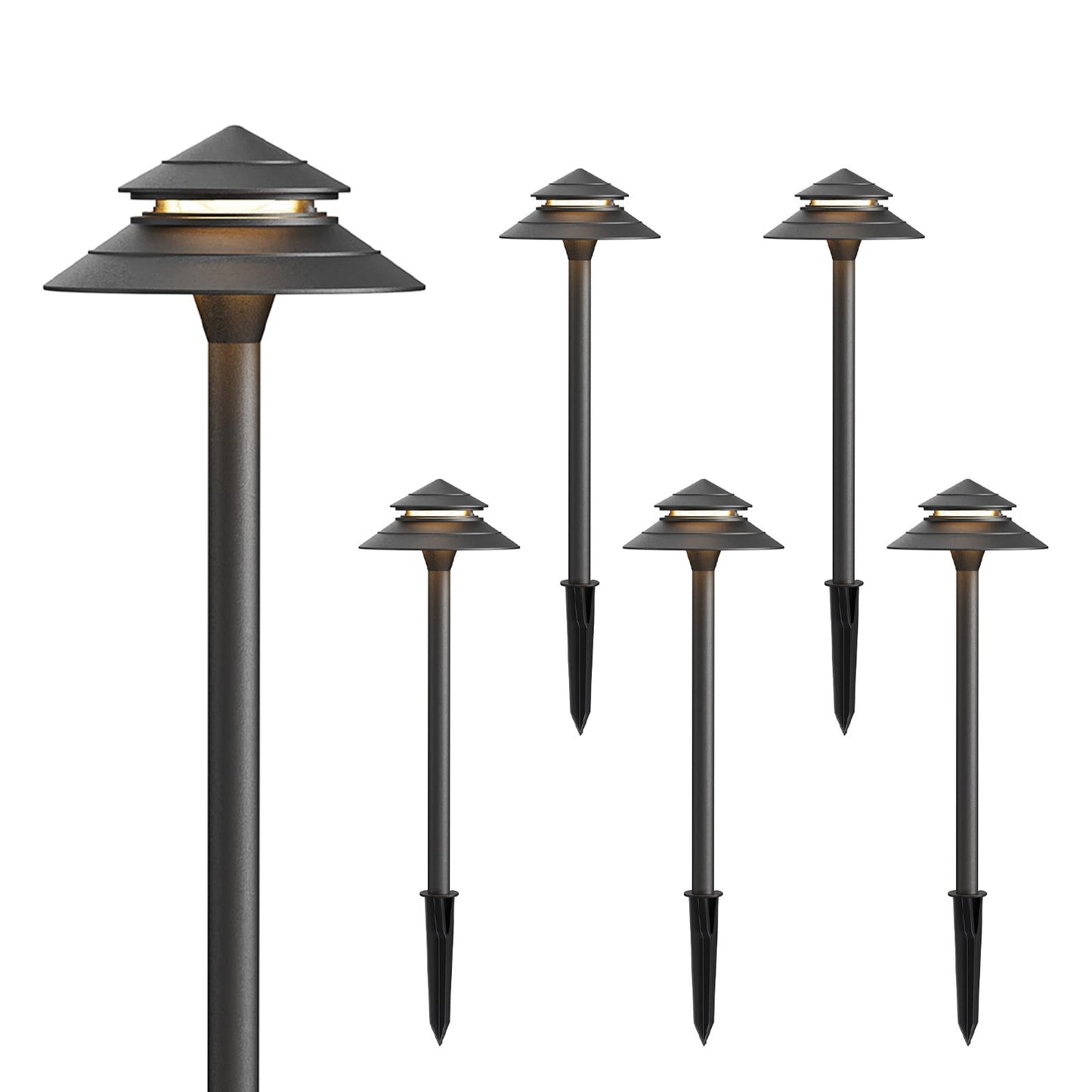 LL LIGHTING LIVING 12V Low Voltage Landscape Path Lights 6PK 2W 70LM LED Pathway Lights 2700K Warm White Durable Aluminum 2-Tier Tower Lights with Replaceable E12 Bulb IP65 Waterproof Gray