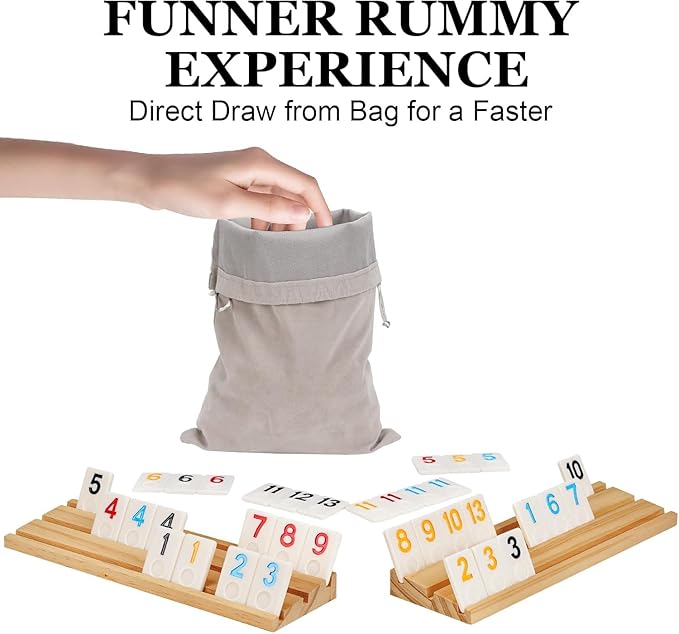 Upgraded 2-4 Players Rummy Cube Board Game Set with 4 Wooden Racks 106 Tiles Portable Case Drawstring Bag and Dice for Adults Friends Night Gifts Travel Party Sharpens Brain