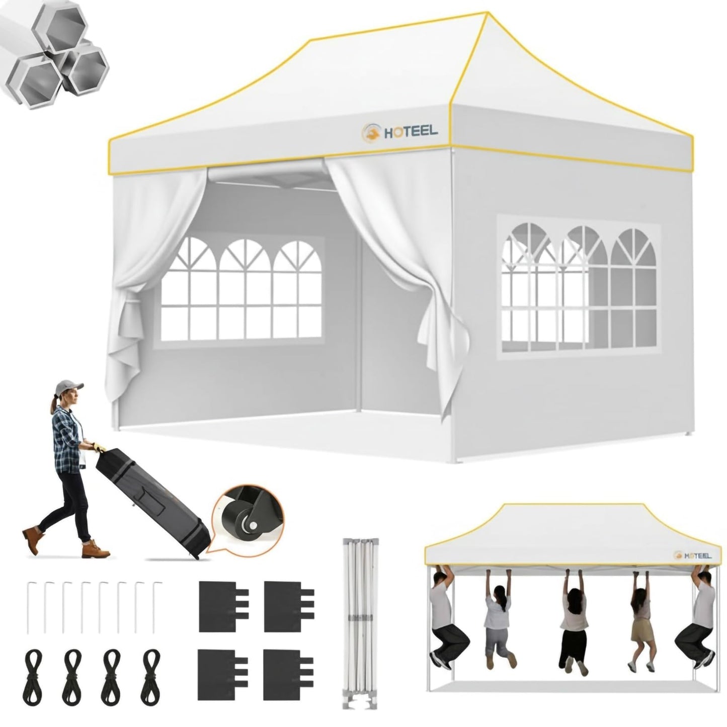 Hoteel 10x15 Pop Up Canopy Tent Heavy Duty with 4 Sidewalls, Waterproof Party Tent, Easy Set-up Commercial Instant Tents with Roller Bag & Sandbags, Hexagonal Leg (1-Year Warranty)