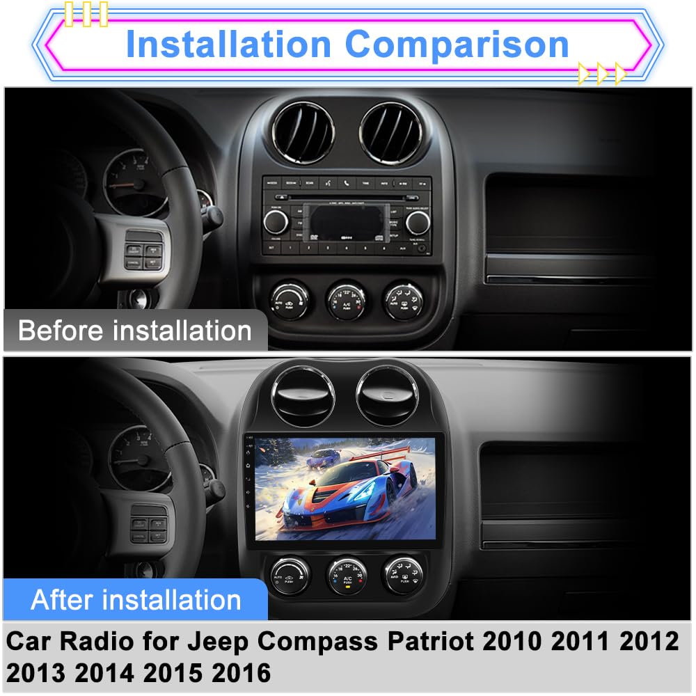 Car Radio for Jeep Compass Patriot 2010–2016, 10.1" Touchscreen Android 13 Stereo Quad-Core | 2GB RAM 64GB ROM | Wireless CarPlay Android Auto | Backup Camera, WiFi, FM AM, Steering Wheel Control