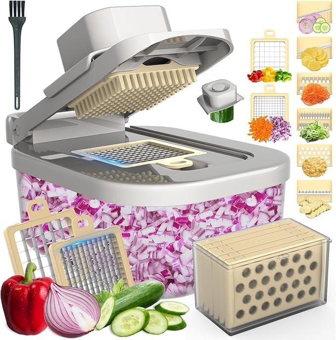 Skiennix 11-in-1 Mandoline Vegetable Chopper - Multifunctional Slicer with Container for Salad & Fruit (Beige)