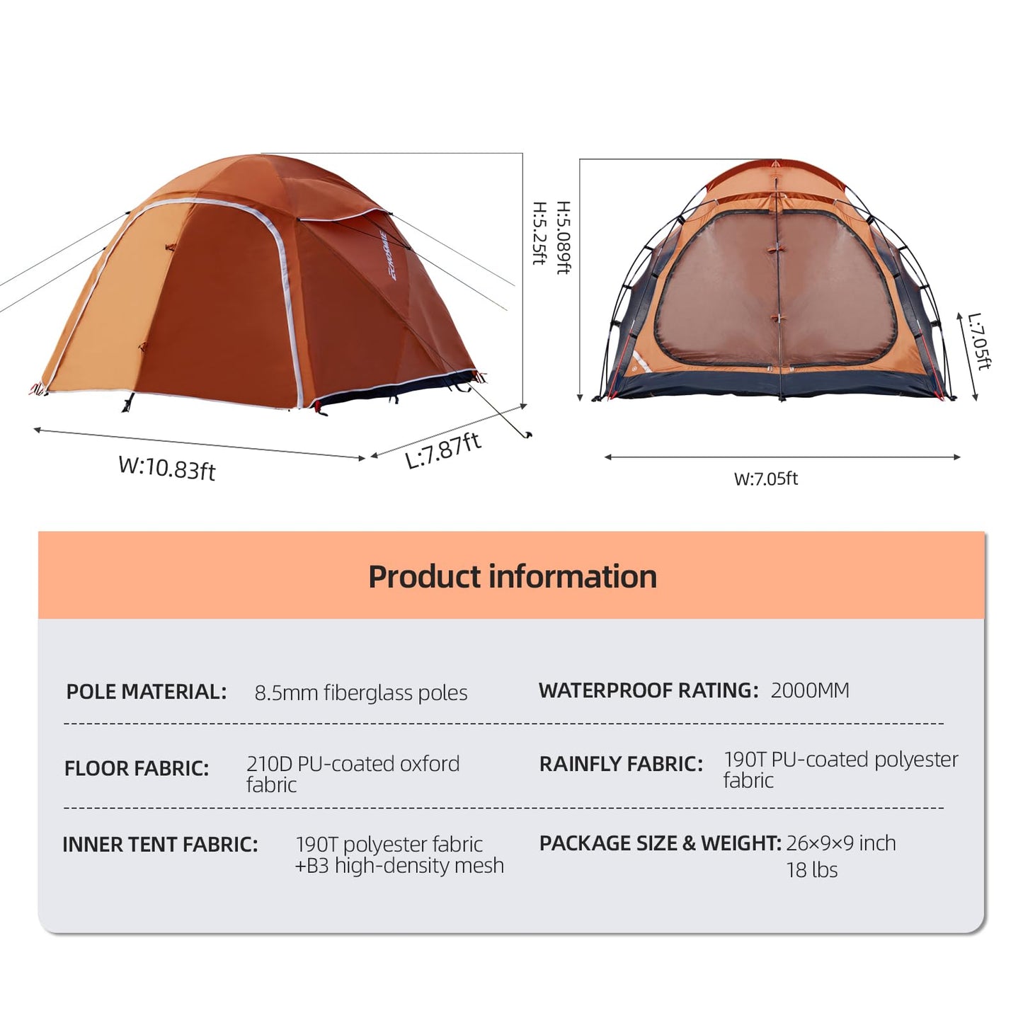 EchoSmile 3-5 Person Family Camping Tent, Waterproof Windproof Heavy Duty Dome Shelter, Easy Setup Multi-Pole Cabana with Extra Storage Room for Wet Bags & Shoes, Outdoor Hiking Travel - Orange