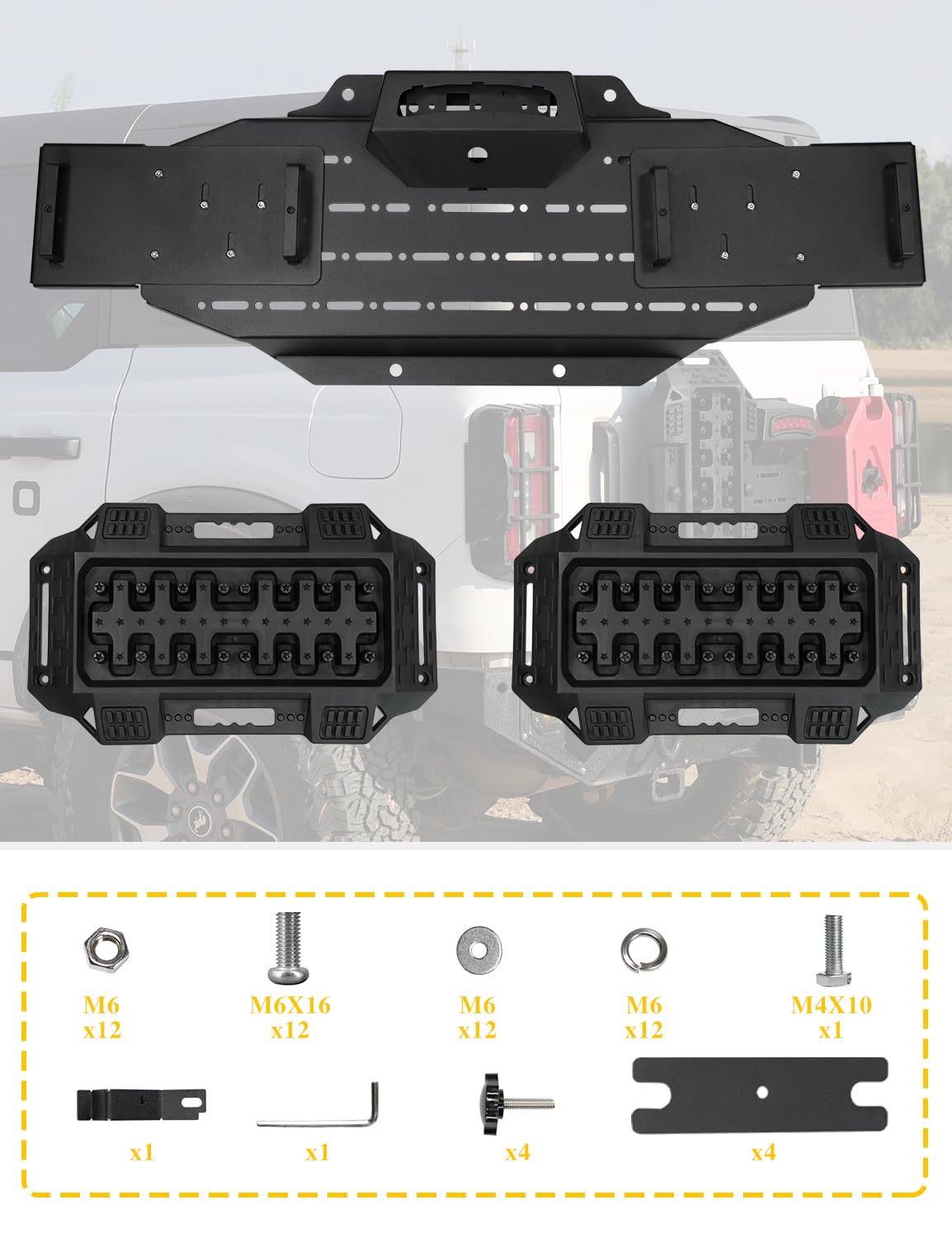 JROAD Bronco Rear Spare Tire Delete Frame w/Recovery Boards for Bronco 2021+ Accessories|Integrates Backup Camera Hole,Brake Light Bracket,Rear License Plate,Tailgate Vent Cover,DIY Shelf Board