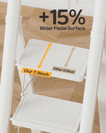 GameGem 5 Step Ladder for 10 Feet High Ceiling, Folding Step Stool Stepladders with Anti-Slip and Wide Pedal for Home and Kitchen Use Space Saving (White)