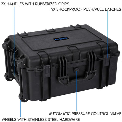 DCB Cases - Element 6104F | 24 x 19 x 11 Ext Dim | IP67 Waterproof | Pluck Foam Insert | Telescoping Handle | Rubberized Grips | Resin-Reinforced Injection Molded Plastic | 4 Latch Lid Close | Wheels