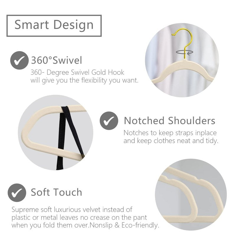 MIZGI Premium Velvet Hangers Pack 50 Pcs Heavyduty - Non Slip Slimline - Velvet Suit Hangers Ivory - Gold Hooks,Space Saving Clothes Hangers …