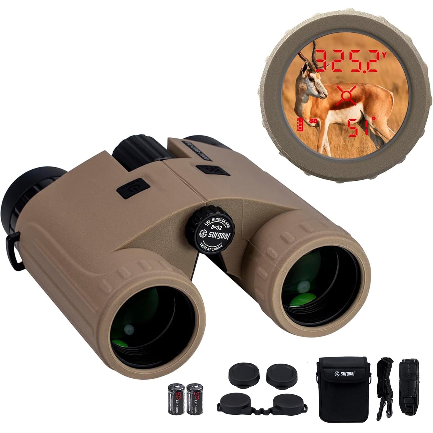 SG SURGOAL 8x32 Laser Rangefinder Binoculars 3000 Yards, OLED Red Display, Angle Compensated, IPX4 Waterproof Hunting Range Finder with 1/4” Thread for Tripod Mount
