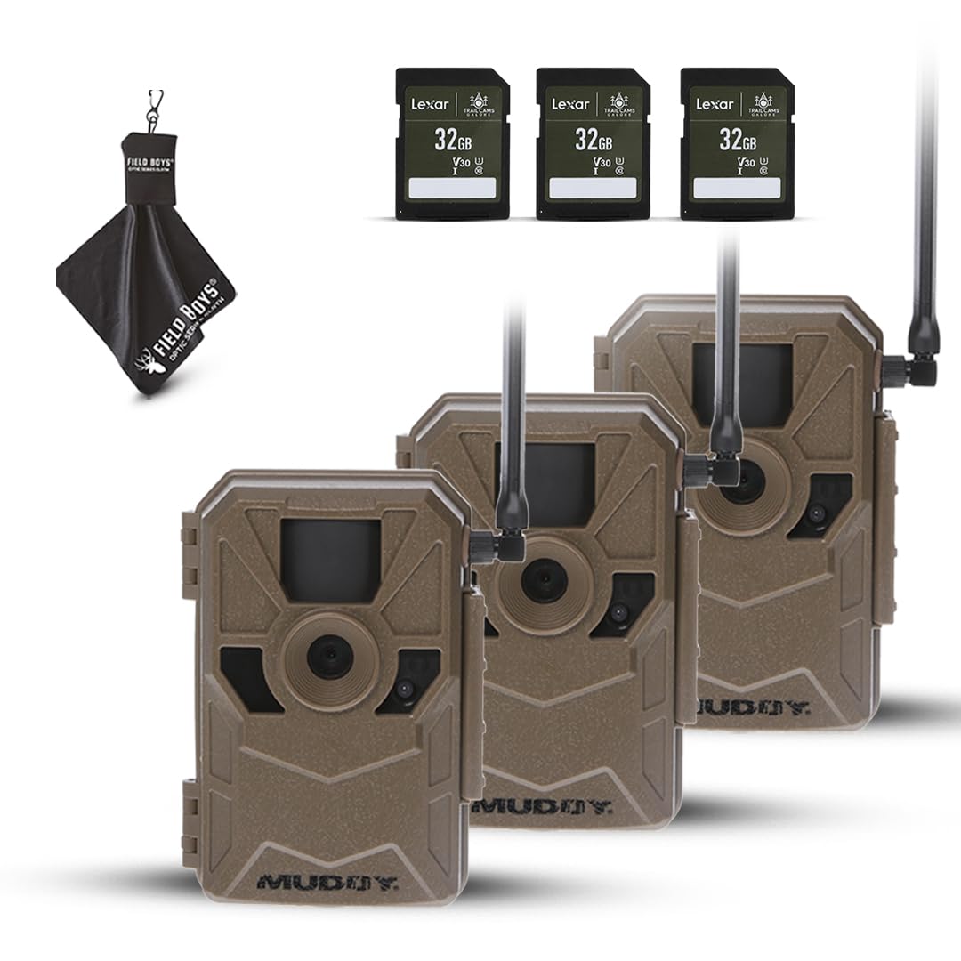MUDDY Merge 3-Pack Cellular Trail Cameras – 26MP, LTE Dual SIM, Color Night Vision, App Control – Includes 3 Cameras for Ultimate Coverage, SD Cards, and Cleaning Cloth (3PK)