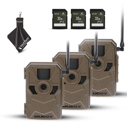 MUDDY Merge 3-Pack Cellular Trail Cameras – 26MP, LTE Dual SIM, Color Night Vision, App Control – Includes 3 Cameras for Ultimate Coverage, SD Cards, and Cleaning Cloth (3PK)