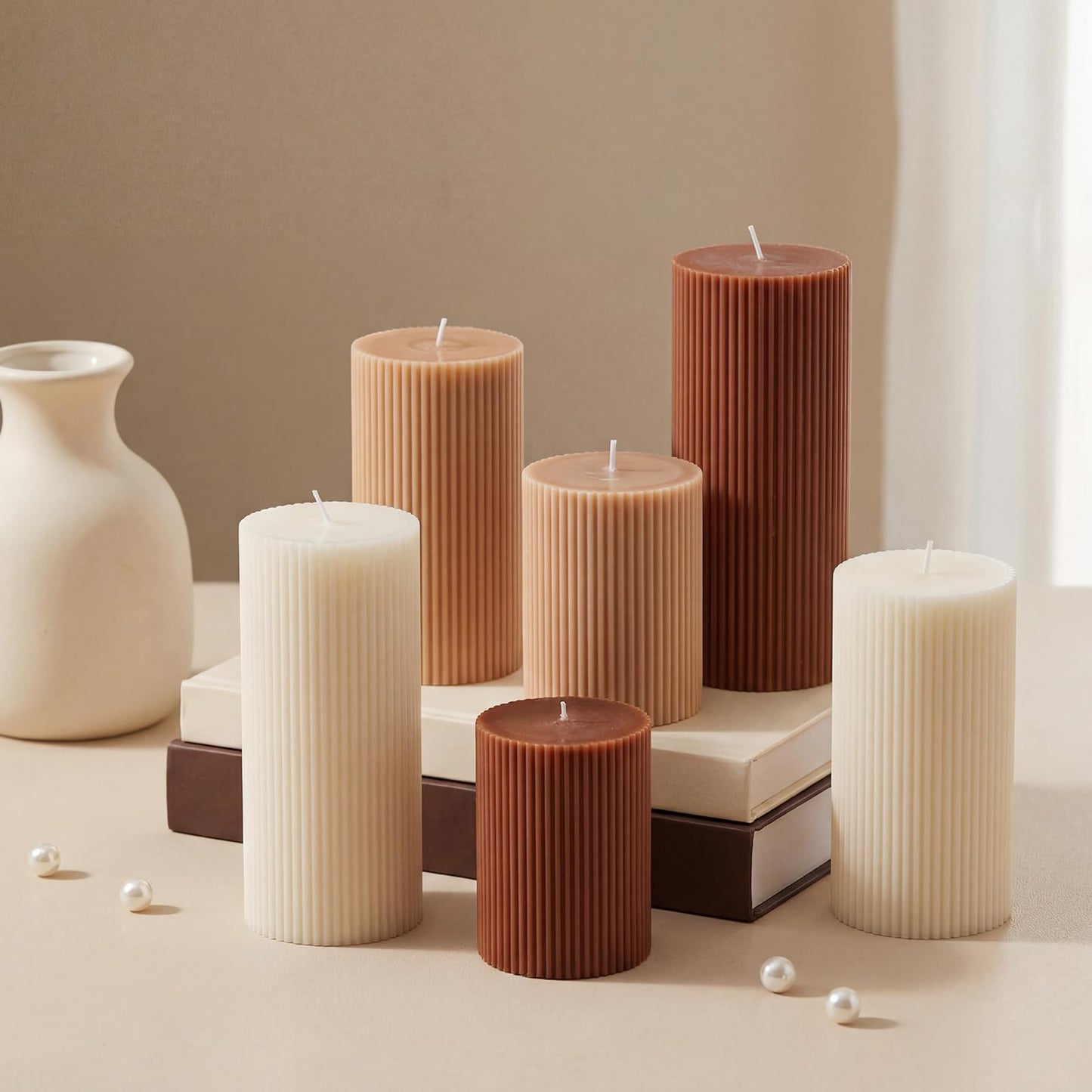Lyrow 6 Pcs Ribbed Pillar Home Decorative Candles Aesthetic Modern Home Decor Soy Wax Unscented Pillar Candles Width 3" High 4" 6" 8" for Bathroom Living Room Wedding Dinner Party(Brown)