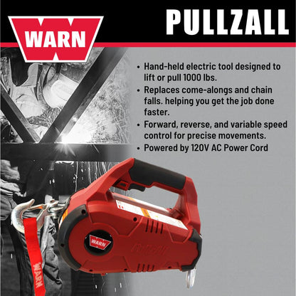 WARN 885000 PullzAll Corded 120V AC Portable Electric Winch with Steel Cable: 1/2 Ton (1,000 lb) Pulling Capacity, Variable Speed Trigger, Red