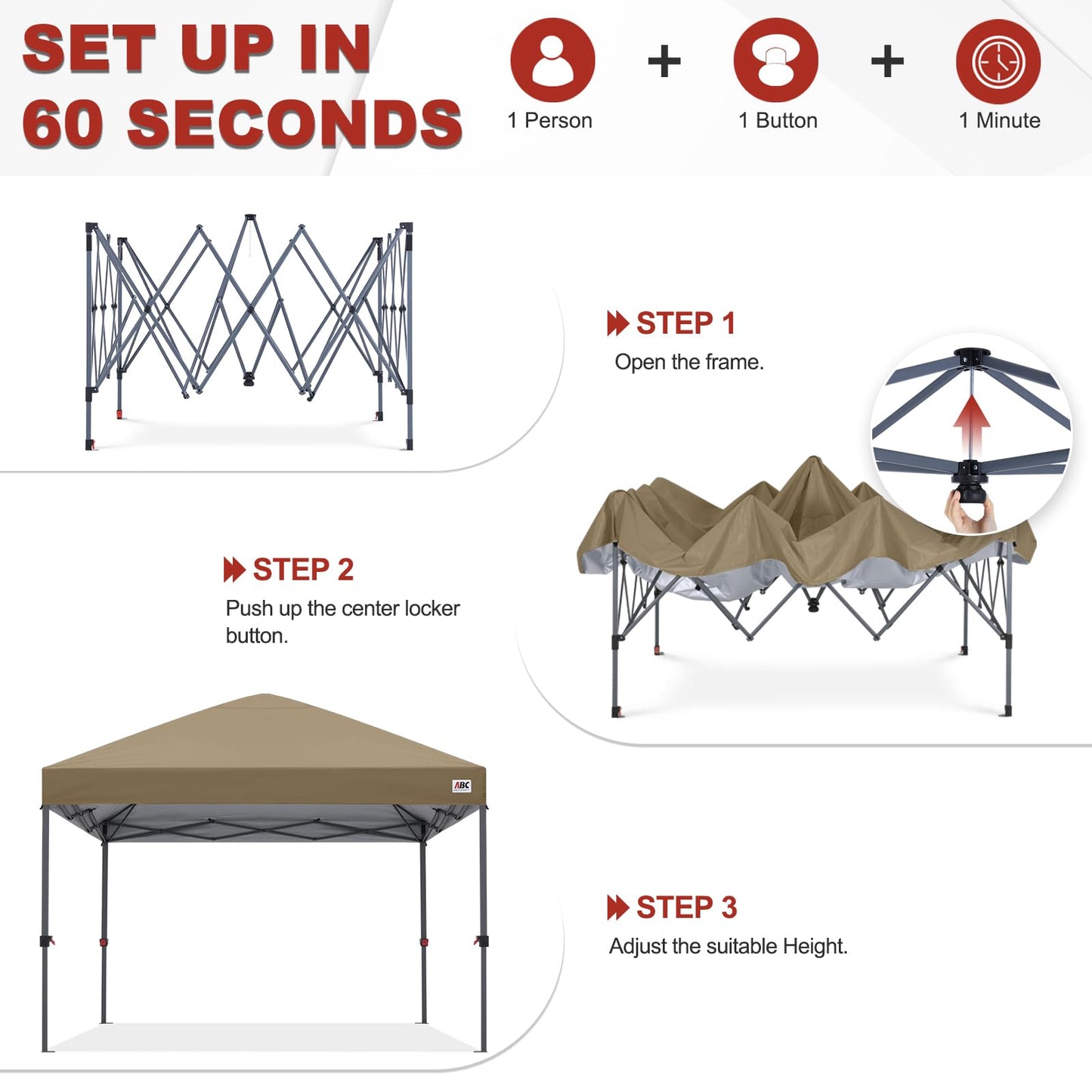 ABCCANOPY 10x10 Pop Up Canopy - Outdoor Patio Portable Canopy Tent Gazebo Heavy Duty for Backyard and Deck with 4 Sandbags and 8 Stakes (Light Brown)