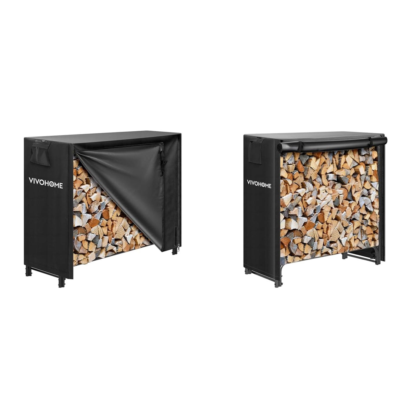 VIVOHOME 4ft Heavy Duty Indoor Outdoor Firewood Storage Log Rack and Cover Combo Set with Zipper and 3ft Heavy Duty Firewood Rack with Zippered Cover, Outdoor Log Holder Storage, Black