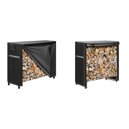 VIVOHOME 4ft Heavy Duty Indoor Outdoor Firewood Storage Log Rack and Cover Combo Set with Zipper and 3ft Heavy Duty Firewood Rack with Zippered Cover, Outdoor Log Holder Storage, Black