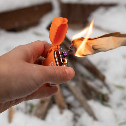 Survival Frog Tough Electric Lighter 2.0 - Waterproof & Windproof Lighters - Flameless Top-Facing Dual Arc Plasma, USB Rechargeable w/Built-in Flashlight, Camping, Survival Fire Starter (Orange)