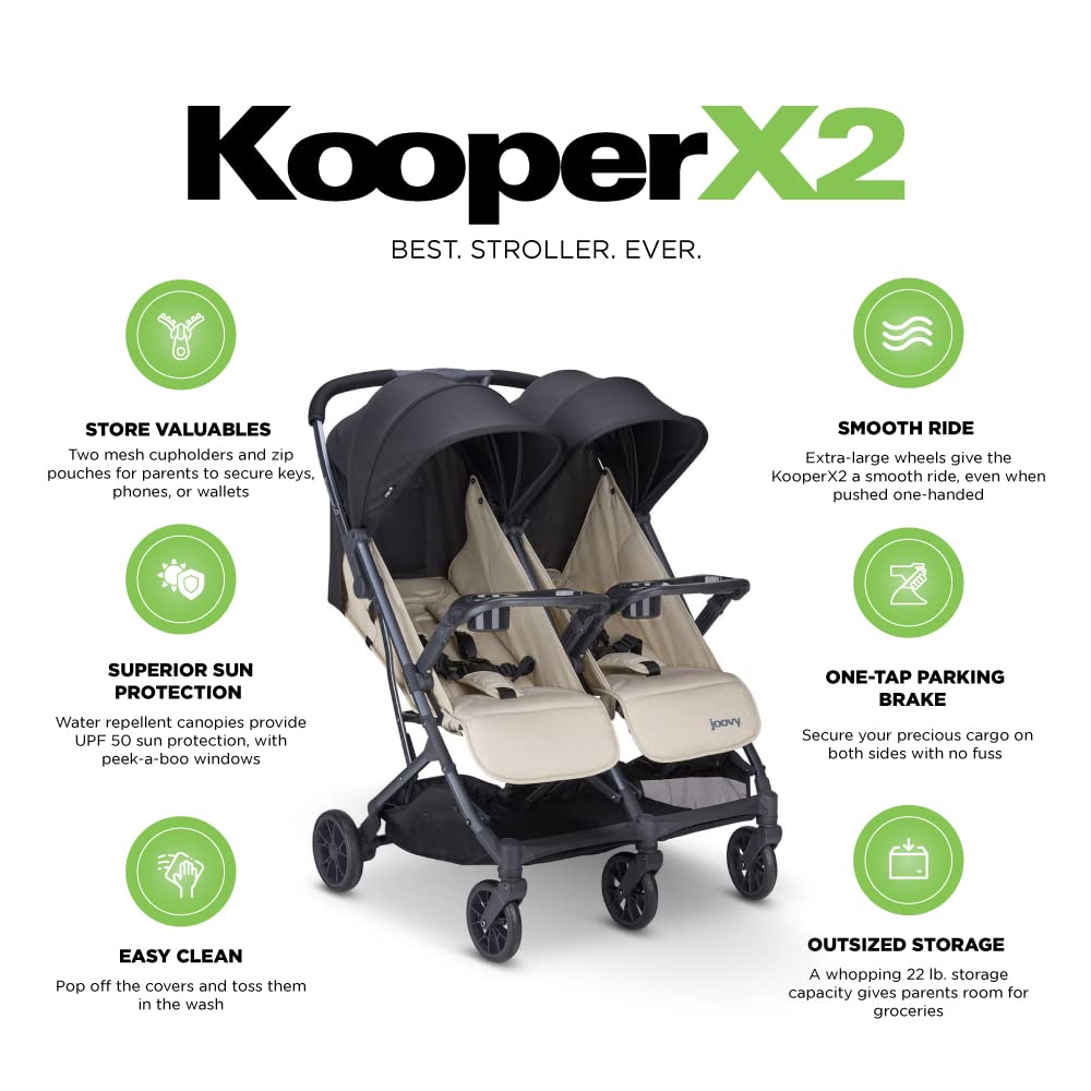 Joovy Kooper X2 Double Stroller, Lightweight Travel Stroller, Compact Fold with Tray, Sand