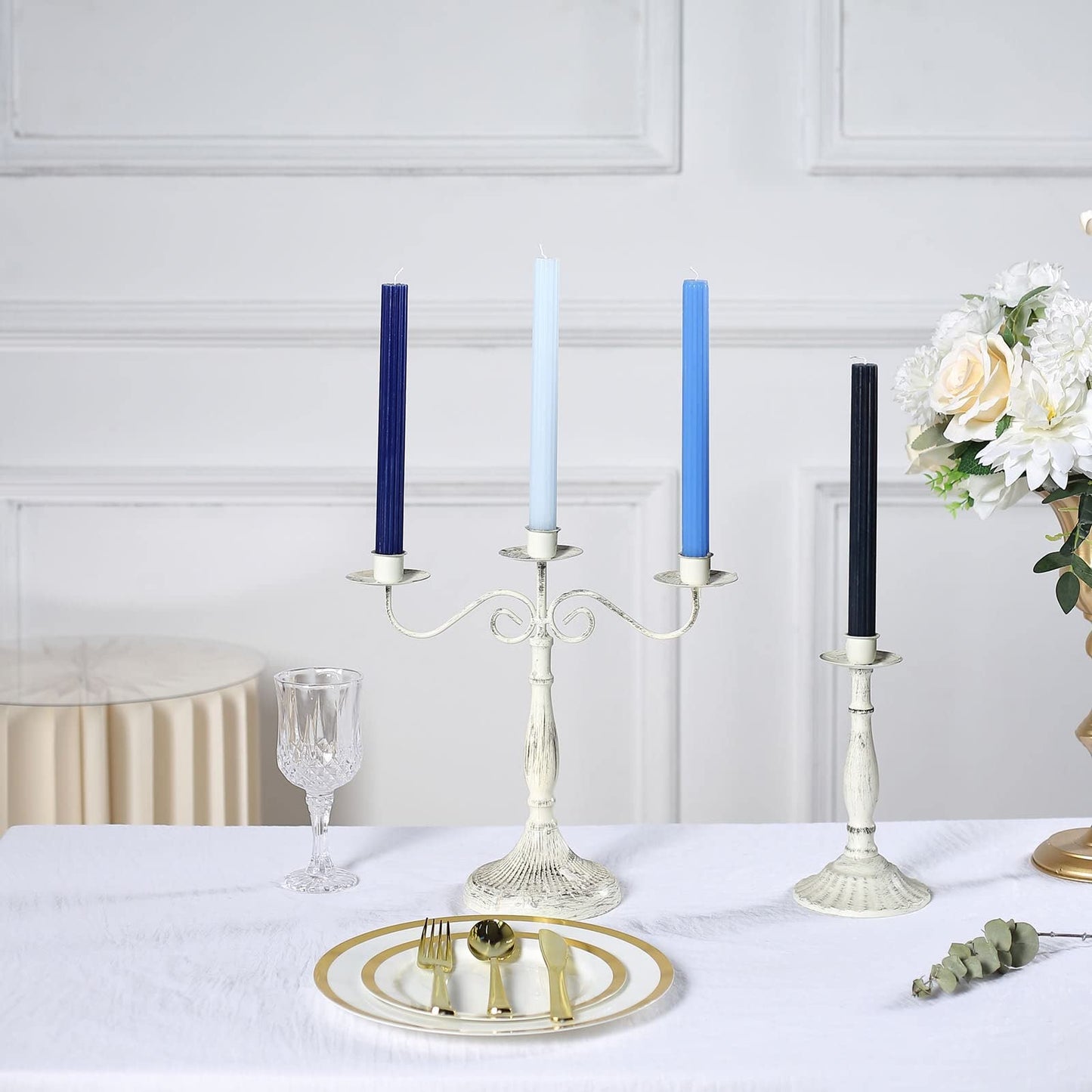 Tableclothsfactory 5 Pack | 9" Assorted Blue Premium Unscented Ribbed Wick Taper Candles, Tall Ribbon Wax Dinner Candles