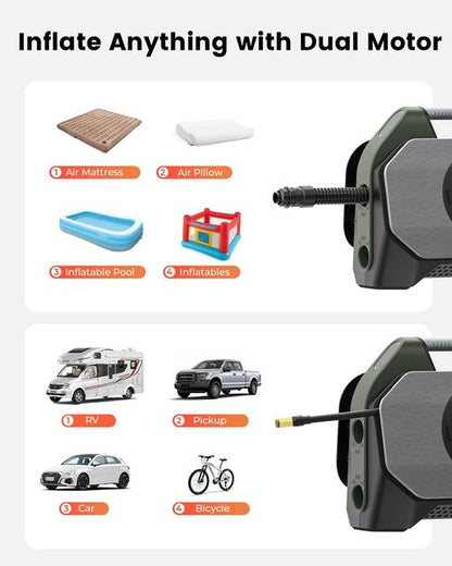 ETENWOLF Vortex S7 Tire Inflator - Portable Air Compressor for Heavy-Duty Vehicles | 160PSI, 38400mAh Battery, Dual Cylinder (Olive Green)