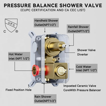 Brushed Gold Shower System Shower Faucet Set, STARBATH 6"+12" Ceiling Mount Rain Shower Head and Handheld Spray for Two Person, Shower Faucet Set with Diverter Valve and Trim Kit Complete