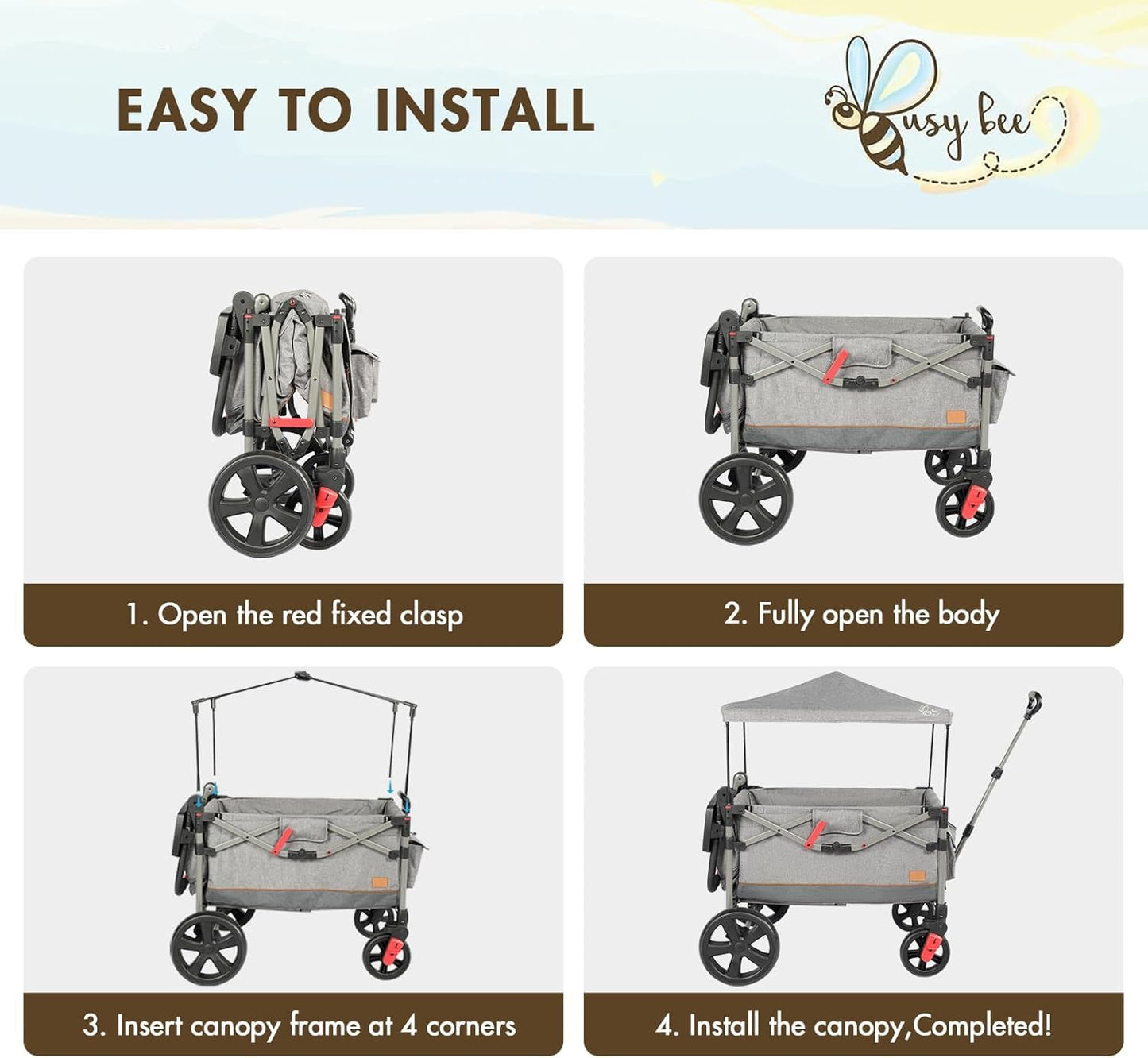 Busy Bee Foldable Wagon Stroller for 2 Kids, Push Pull Collapsible Kids Wagon with Adjustable Handle Bar, Removable Canopy, 5-Point Harness, Shock-Absorbing Wheels, Grey