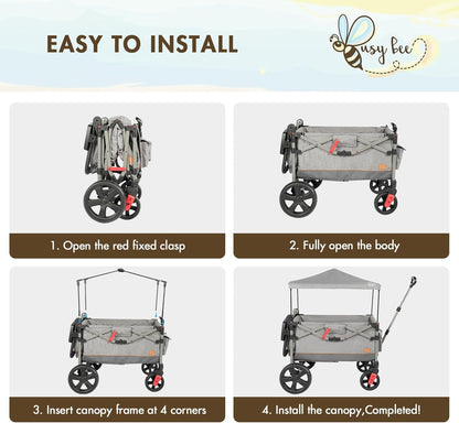 Busy Bee Foldable Wagon Stroller for 2 Kids, Push Pull Collapsible Kids Wagon with Adjustable Handle Bar, Removable Canopy, 5-Point Harness, Shock-Absorbing Wheels, Grey