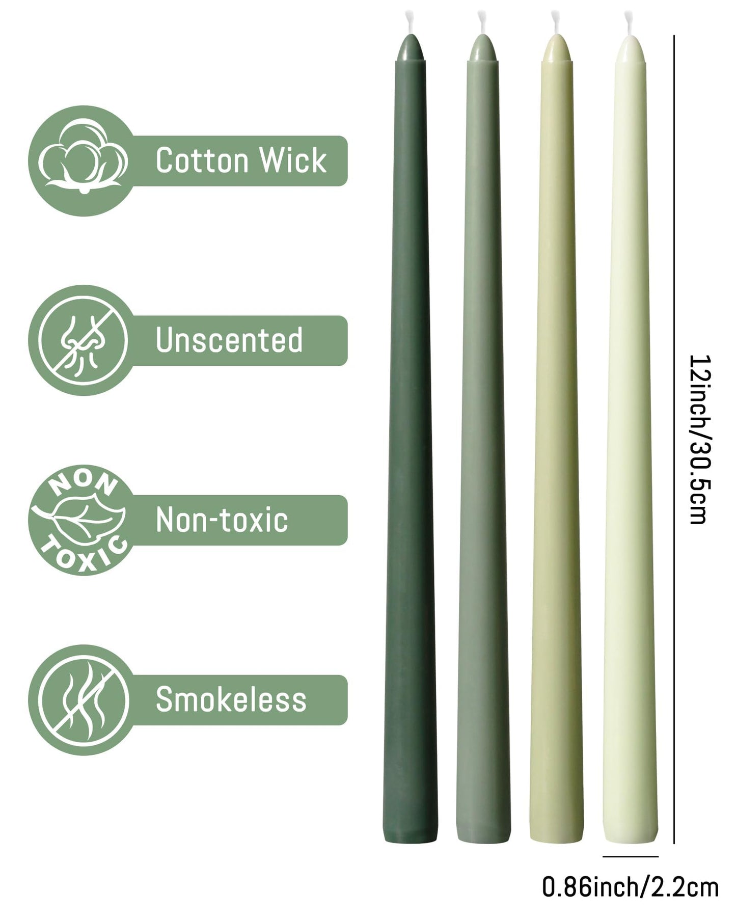 Viyffo 12 Inch Green Taper Candles 4 Pack Unscented Smokeless Long Tall Tapered Candles for Candlesticks Sticks Wedding Home Decor Dinner