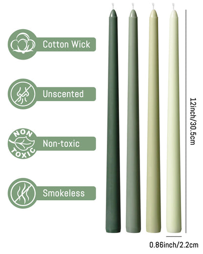 Viyffo 12 Inch Green Taper Candles 4 Pack Unscented Smokeless Long Tall Tapered Candles for Candlesticks Sticks Wedding Home Decor Dinner