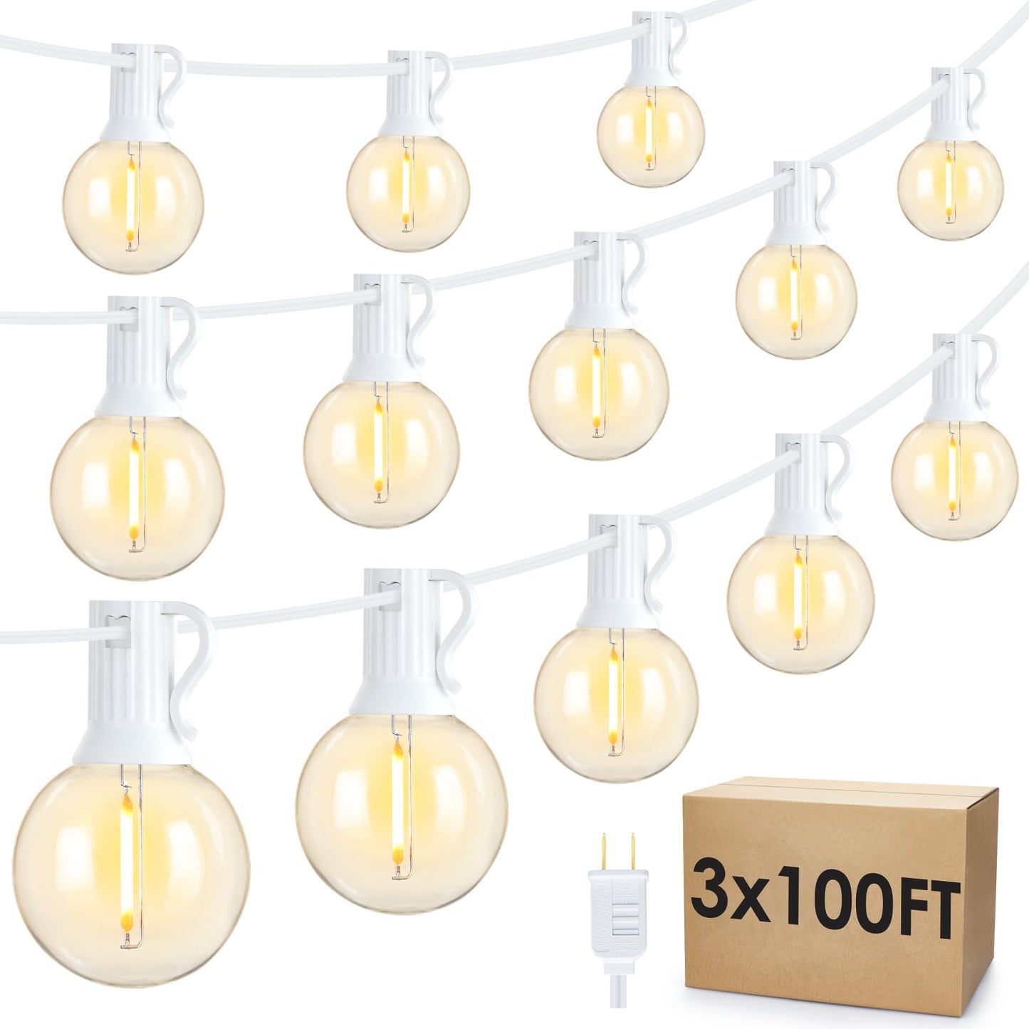 Mlambert 300Ft(3x100Ft) LED Outdoor String Lights Dimmable Waterproof G40 Globe Patio Lights with 150+7 Warm White Bulbs for Bistro Outside-White Cord