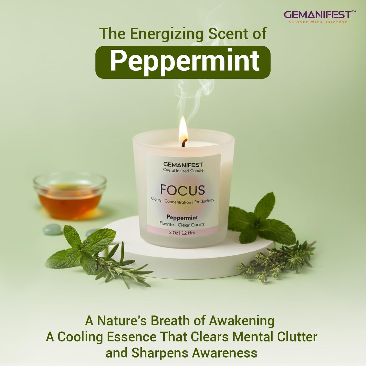 Gemanifest Focus Crystal Candle for Manifestation with Fluorite Bracelet Peppermint Scented Meditation Candle Best Thoughtful Meaningful Gifts for Students Office Employees Coworkers