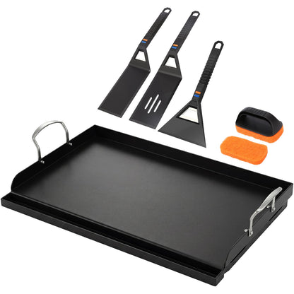 Utheer Griddle Kit, 25" x 16" Pre-Seasoned Cast Iron Flat Top Griddle with Scratch-Free Tools, Universal Grill Griddle for Gas & Charcoal Grills, Camping, Tailgating and BBQ